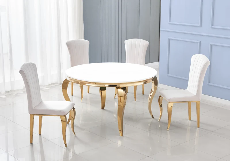 Table à manger ronde verre blanc pieds or - Neo