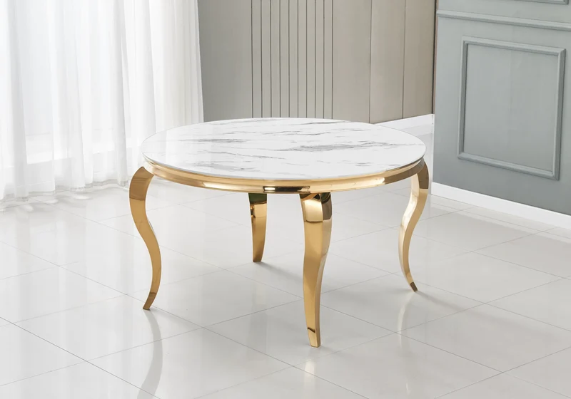 Table à manger ronde marbre blanc pieds or - Neo