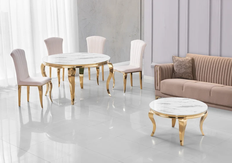 Table à manger ronde marbre blanc pieds or - Neo