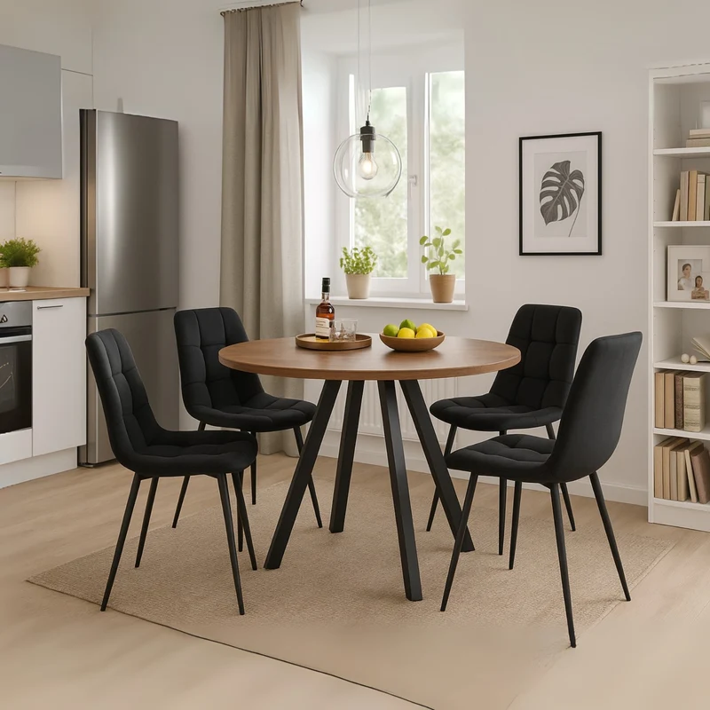 Ensemble table ronde finition noyer Ø80 cm avec 4 chaises en velours noir, style moderne et confortable