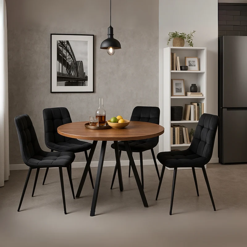 Ensemble table ronde finition noyer Ø80 cm avec 4 chaises en velours noir, style moderne et confortable