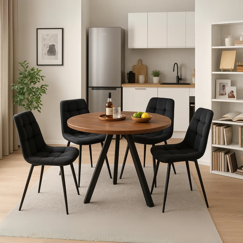 Ensemble table ronde finition noyer Ø80 cm avec 4 chaises en velours noir, style moderne et confortable