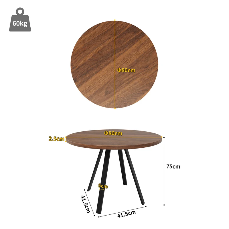 Ensemble table ronde finition noyer Ø80 cm avec 4 chaises en velours noir, style moderne et confortable
