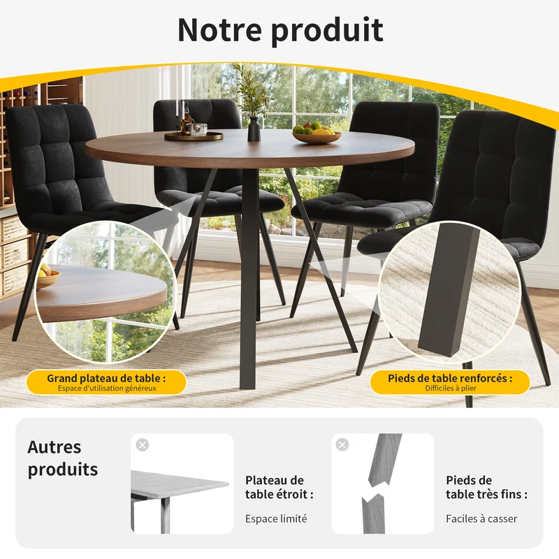 Ensemble table ronde finition noyer Ø80 cm avec 4 chaises en velours noir, style moderne et confortable