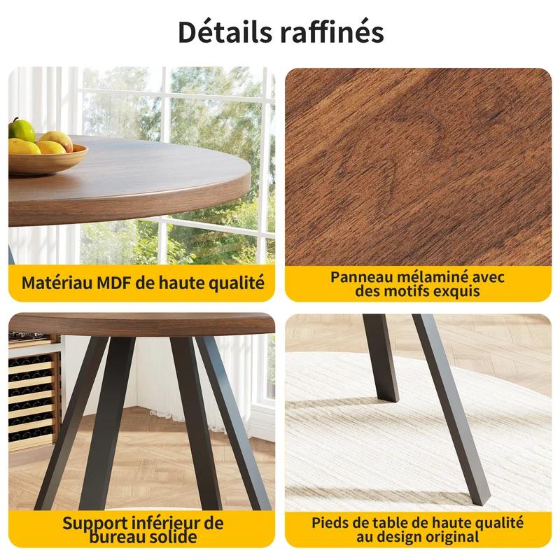 Ensemble table ronde finition noyer Ø80 cm avec 4 chaises en velours noir, style moderne et confortable
