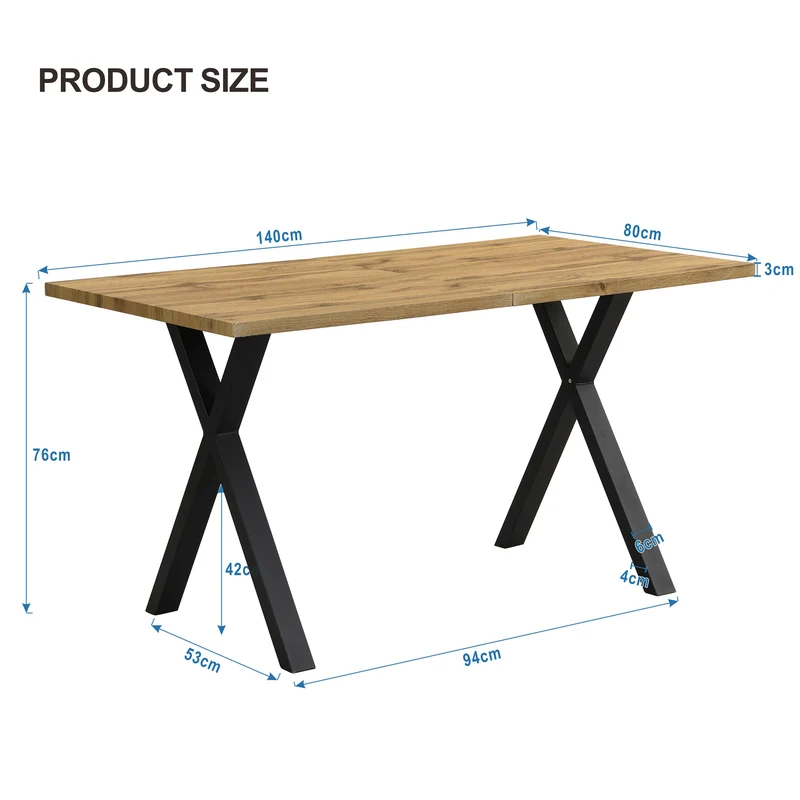 Table à manger industriel moderne 140x80 cm en bois effet chêne avec pieds croisés en métal noir