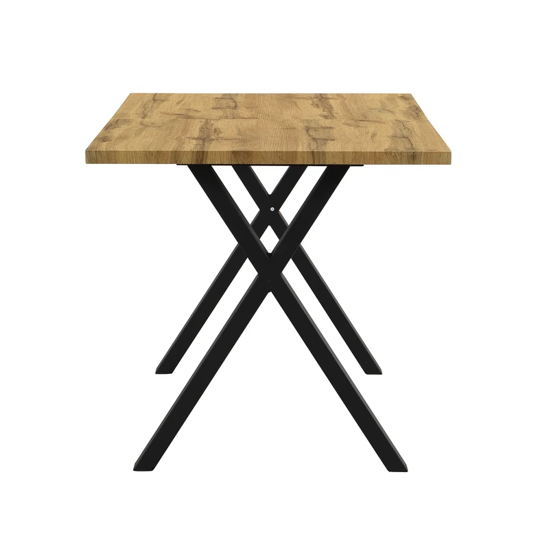 Table à manger industriel moderne 140x80 cm en bois effet chêne avec pieds croisés en métal noir