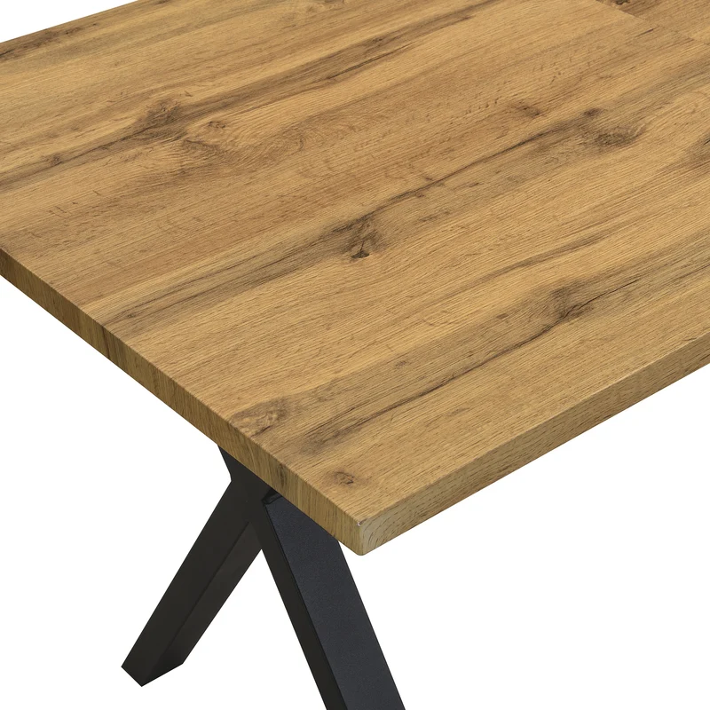 Table à manger industriel moderne 140x80 cm en bois effet chêne avec pieds croisés en métal noir