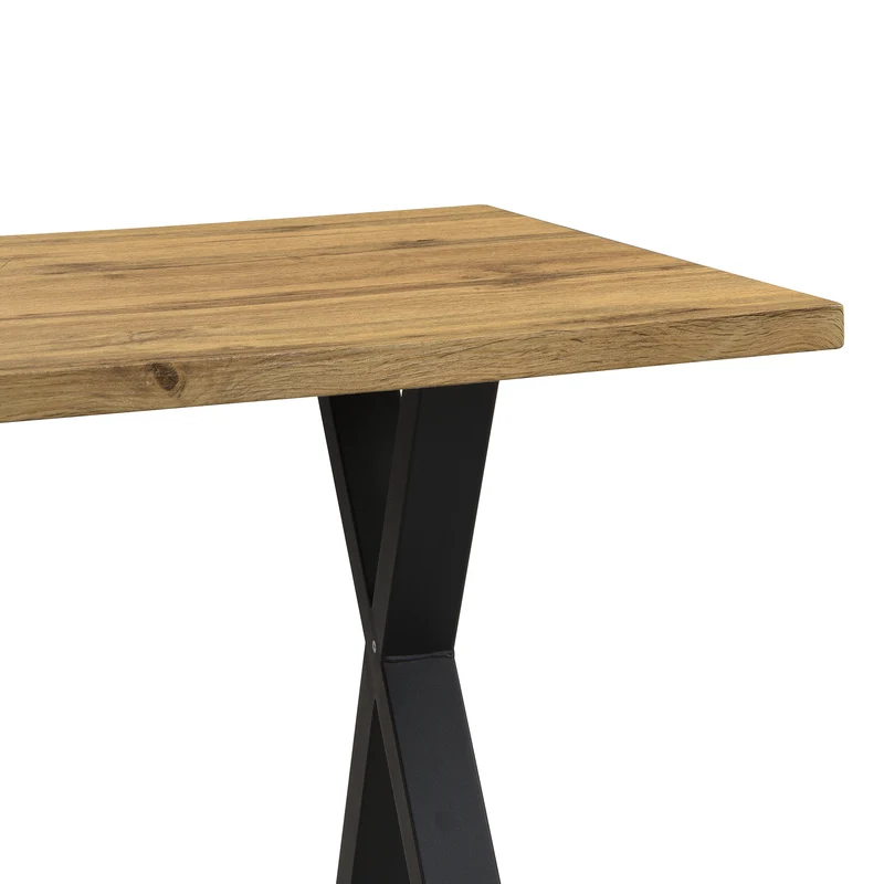 Table à manger industriel moderne 140x80 cm en bois effet chêne avec pieds croisés en métal noir