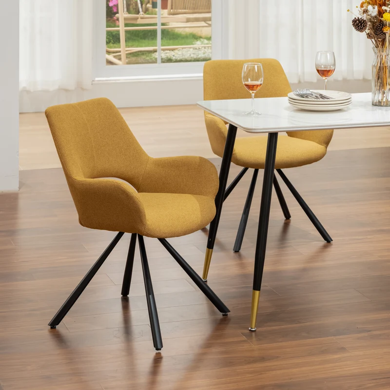 Lot de 2 chaises de salle à manger contemporaines en tissu jaune, pieds en métal noir - BETH FABRIC YELLOW