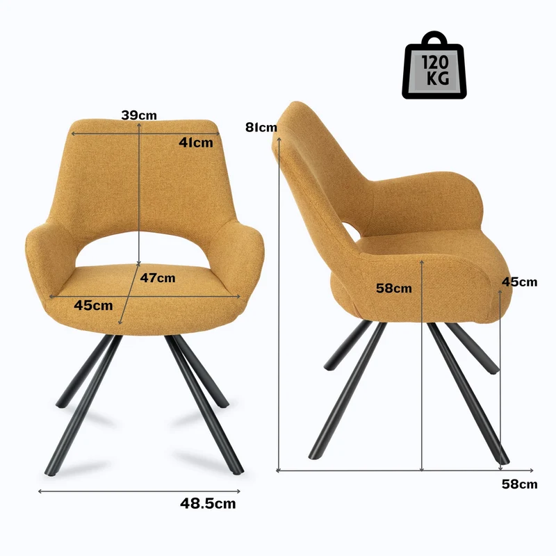 Lot de 2 chaises de salle à manger contemporaines en tissu jaune, pieds en métal noir - BETH FABRIC YELLOW