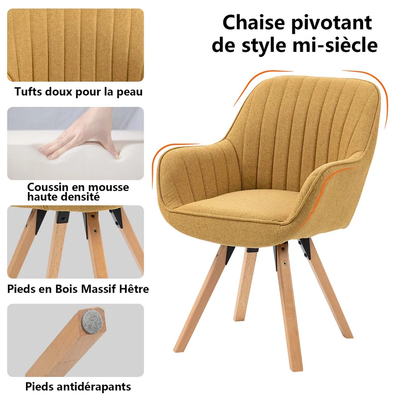 Lot de 4 chaises de salle à manger confortables en tissu jaune pivotantes 360° - CARSON FABRIC YELLOW 4PCS