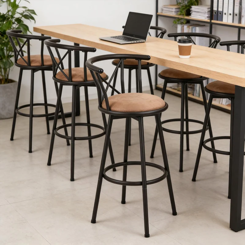 Lot de 6 tabourets de bar industriels pivotants avec dossier en tissu marron - HAILEY 29