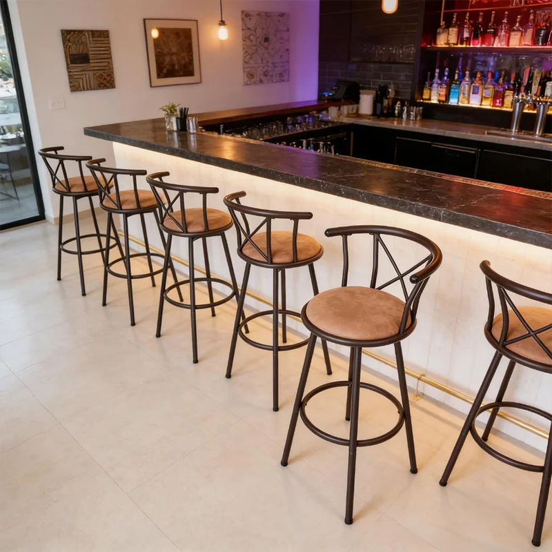 Lot de 6 tabourets de bar industriels pivotants avec dossier en tissu marron - HAILEY 29