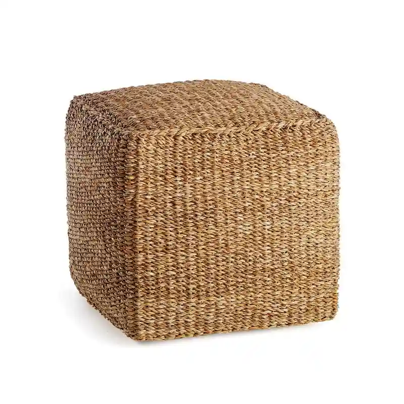 Pouf carré en jonc de mer tressé à la main, couleur naturelle, style bohème