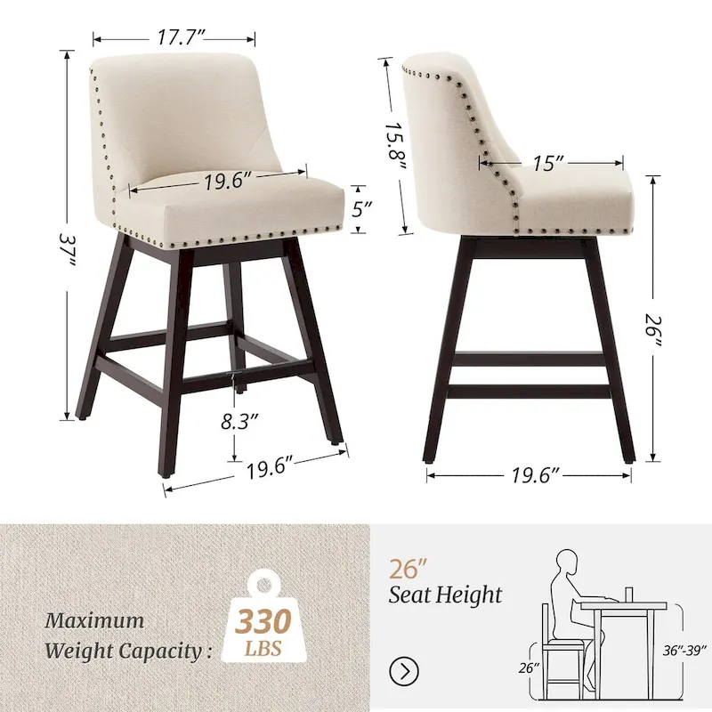 Tabouret de bar pivotant rembourré, structure en bois massif, similicuir noir
