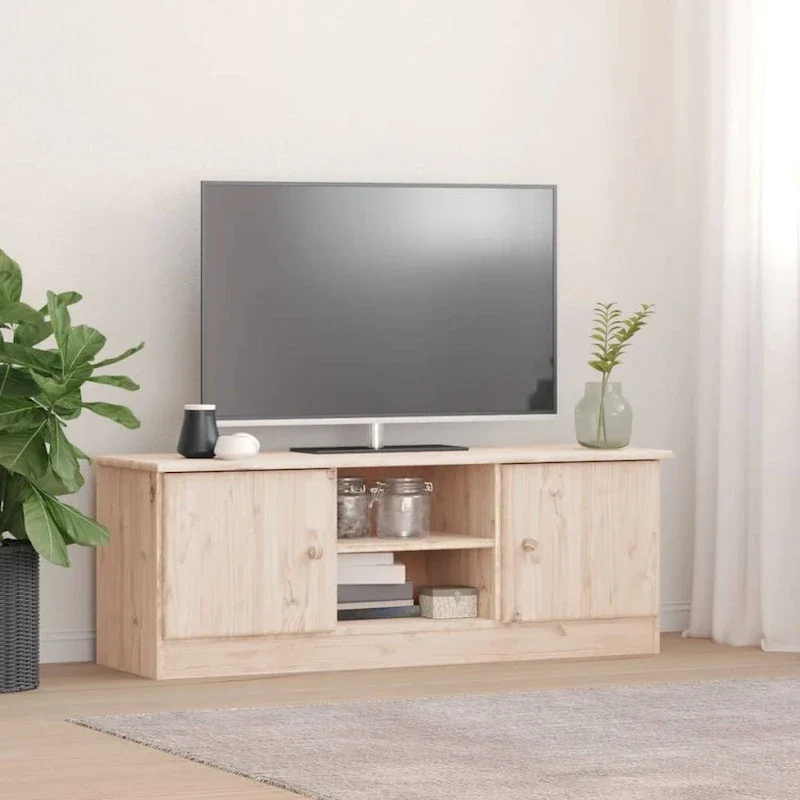 Meuble TV en bois de pin massif blanc avec étagères ouvertes et portes de rangement