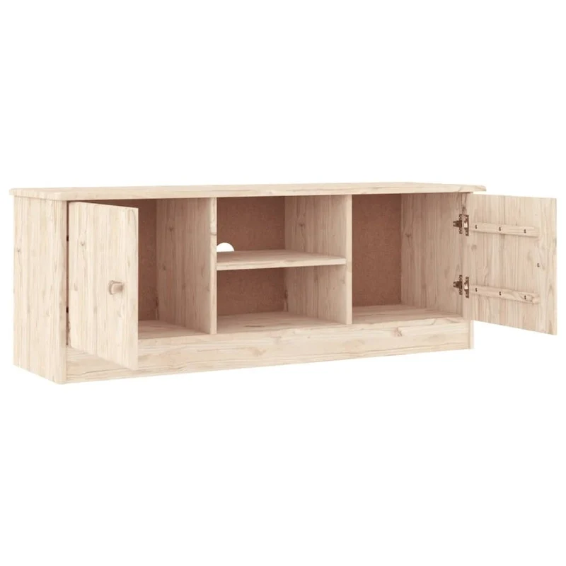 Meuble TV en bois de pin massif blanc avec étagères ouvertes et portes de rangement