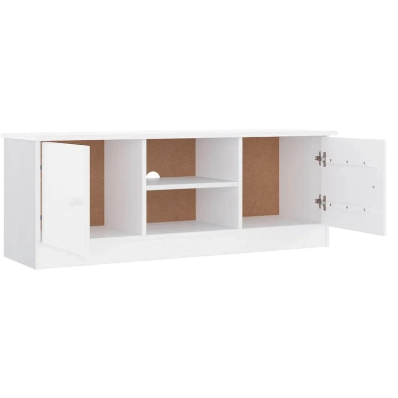 Meuble TV en bois de pin massif blanc avec étagères ouvertes et portes de rangement