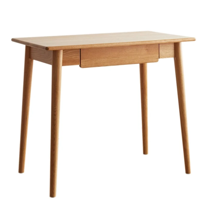 Bureau compact en chêne avec 2 tiroirs et coins arrondis, finition naturelle