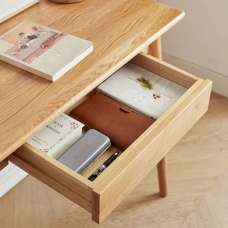 Bureau compact en chêne avec 2 tiroirs et coins arrondis, finition naturelle