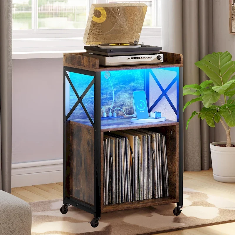 Meuble platine vinyle avec lumières LED, station de charge et roulettes, noir et marron