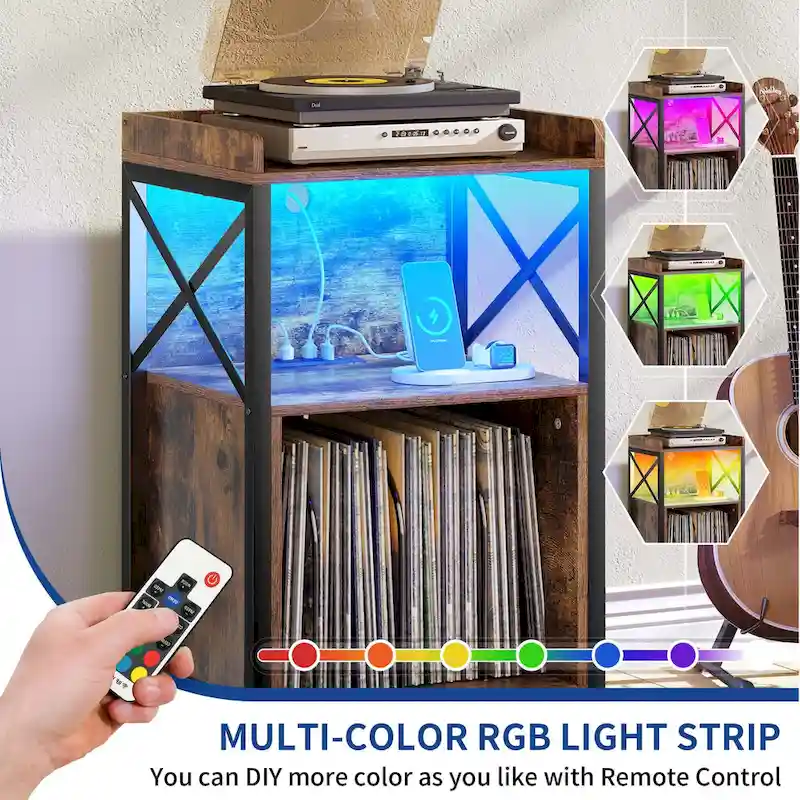 Meuble platine vinyle avec lumières LED, station de charge et roulettes, noir et marron