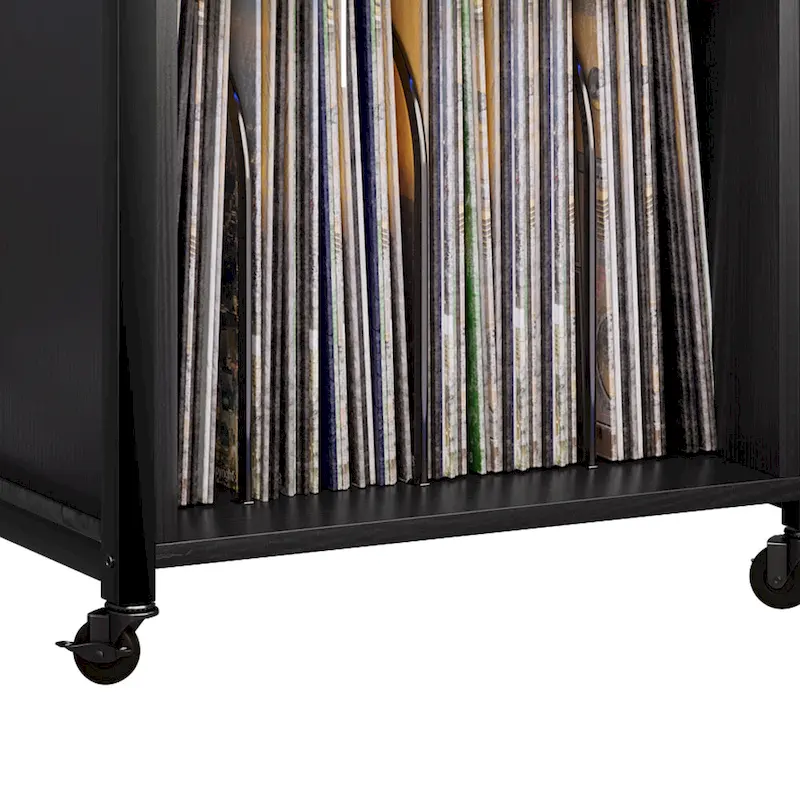 Meuble platine vinyle avec lumières LED, station de charge et roulettes, noir et marron