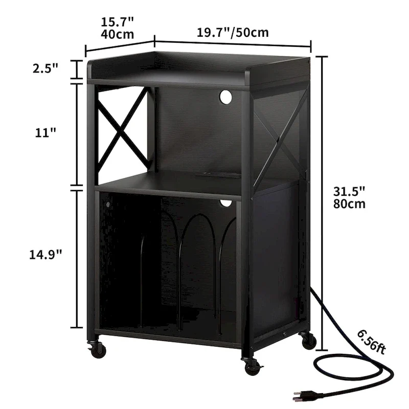 Meuble platine vinyle avec lumières LED, station de charge et roulettes, noir et marron