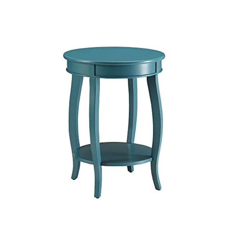 Table d'appoint ronde bleu sarcelle avec étagère inférieure et pieds cabriolés