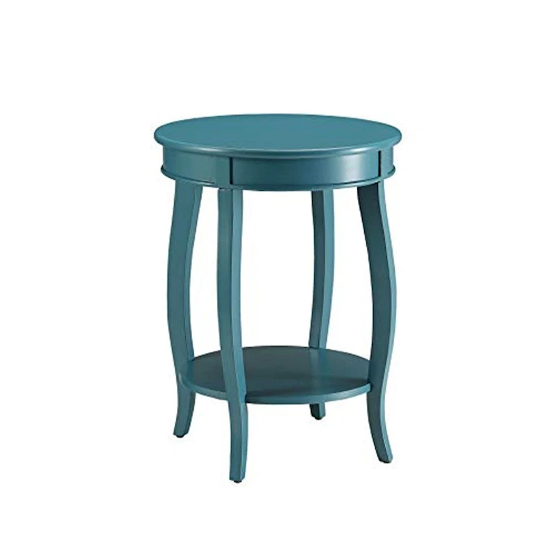 Table d'appoint ronde bleu sarcelle avec étagère inférieure et pieds cabriolés