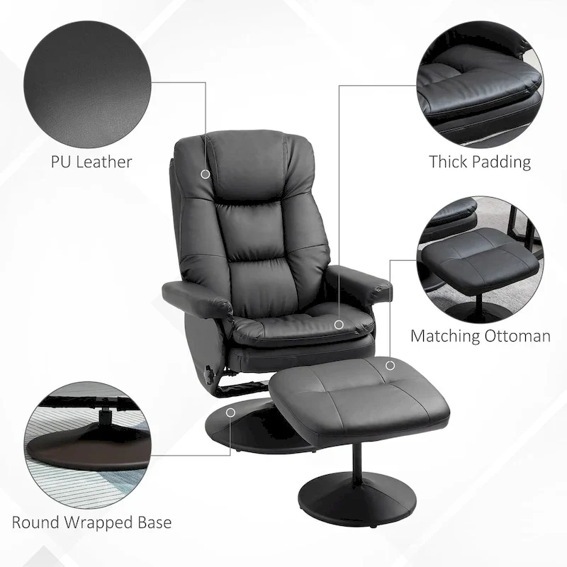 Fauteuil inclinable pivotant en similicuir avec repose-pieds, marron et noir