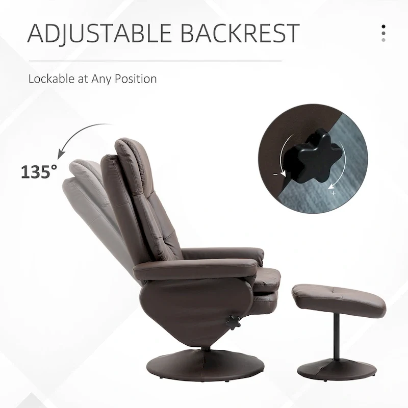 Fauteuil inclinable pivotant en similicuir avec repose-pieds, marron et noir