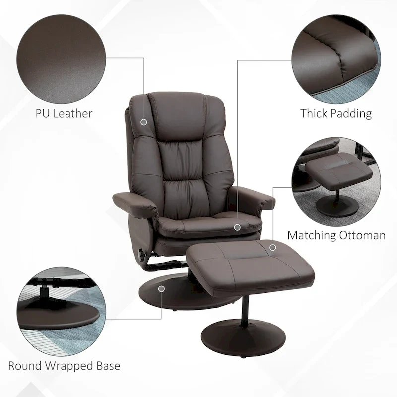 Fauteuil inclinable pivotant en similicuir avec repose-pieds, marron et noir