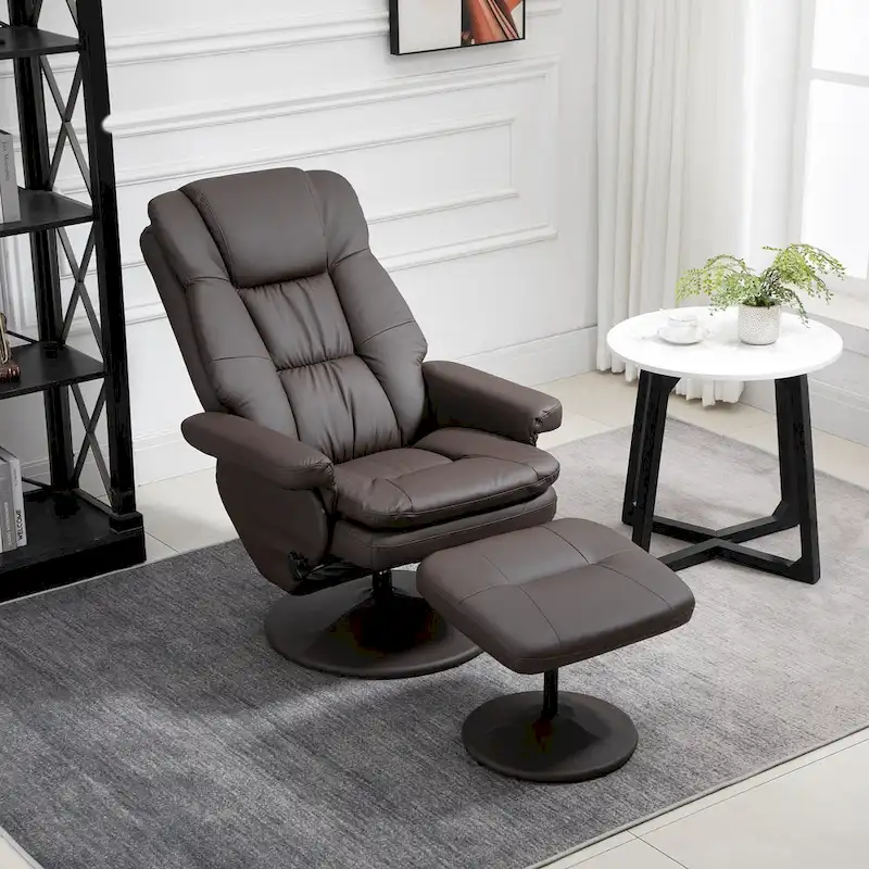 Fauteuil inclinable pivotant en similicuir avec repose-pieds, marron et noir