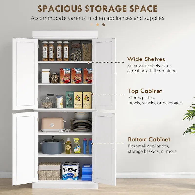 Meuble de rangement haut de cuisine avec 4 portes et étagères réglables Noir Blanc