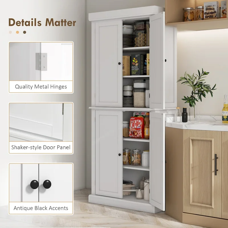 Meuble de rangement haut de cuisine avec 4 portes et étagères réglables Noir Blanc