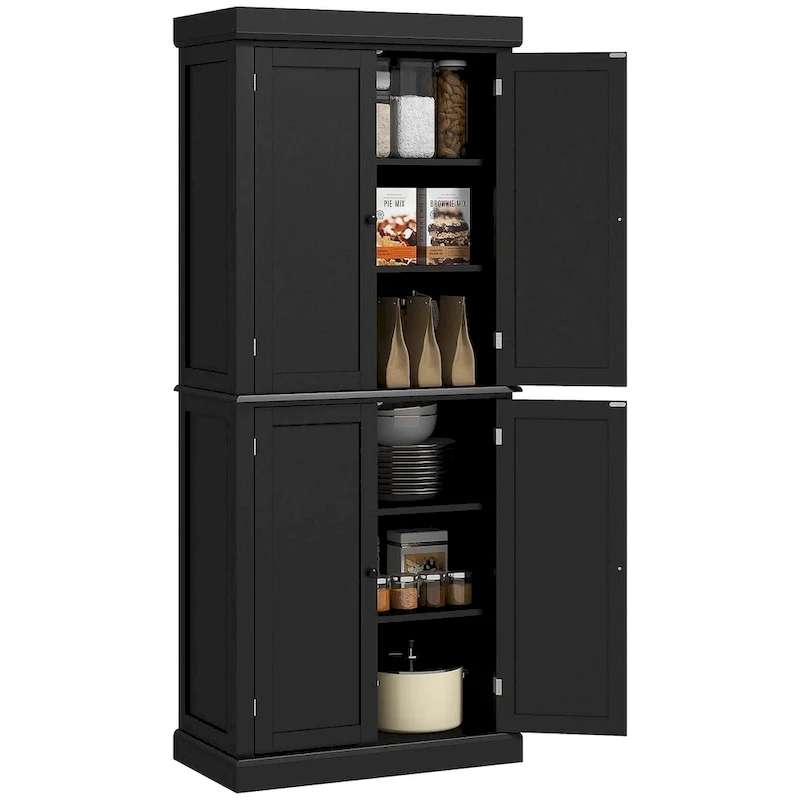 Meuble de rangement haut de cuisine avec 4 portes et étagères réglables Noir Blanc