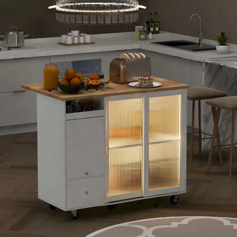 Desserte de cuisine roulante avec portes coulissantes en verre cannelé et éclairage LED