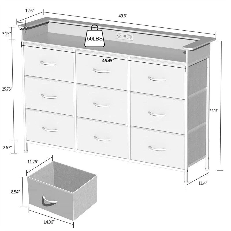 Commode en tissu à 4 tiroirs avec lumière LED et ports de charge, blanche