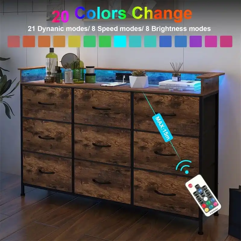Commode en tissu à 4 tiroirs avec lumière LED et ports de charge, blanche