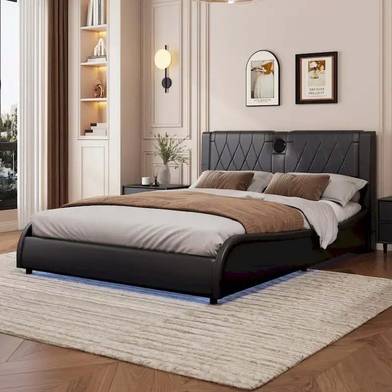 Cadre de lit King Size rembourré avec éclairage LED RVB et haut-parleurs Bluetooth Noir Blanc
