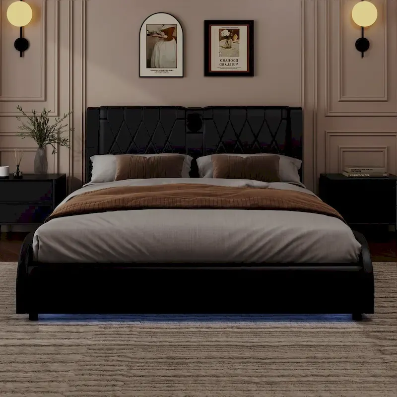 Cadre de lit King Size rembourré avec éclairage LED RVB et haut-parleurs Bluetooth Noir Blanc