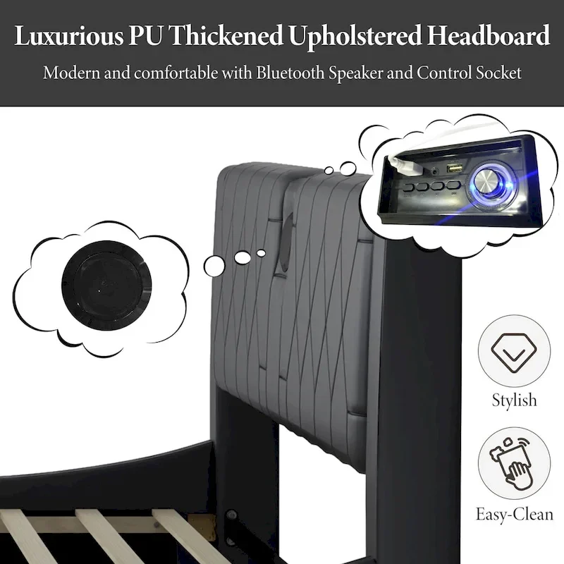 Cadre de lit King Size rembourré avec éclairage LED RVB et haut-parleurs Bluetooth Noir Blanc