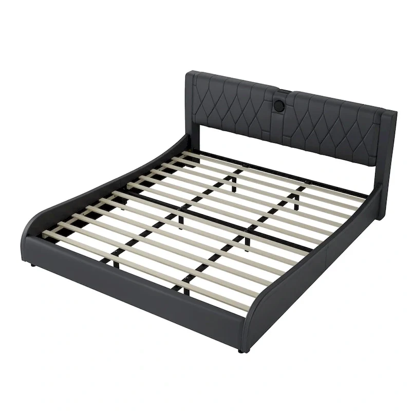 Cadre de lit King Size rembourré avec éclairage LED RVB et haut-parleurs Bluetooth Noir Blanc