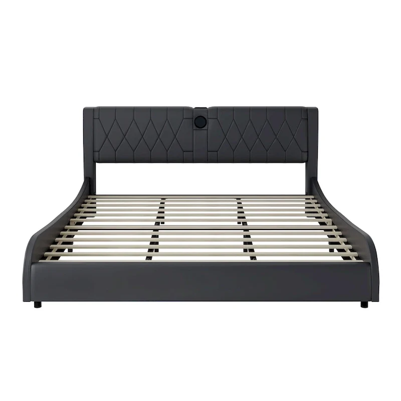 Cadre de lit King Size rembourré avec éclairage LED RVB et haut-parleurs Bluetooth Noir Blanc