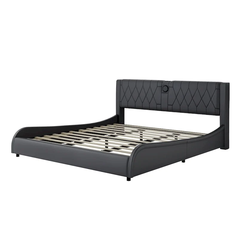 Cadre de lit King Size rembourré avec éclairage LED RVB et haut-parleurs Bluetooth Noir Blanc