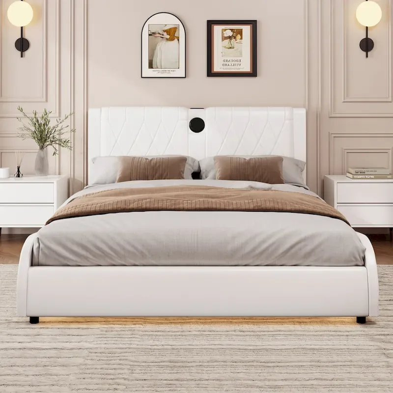 Cadre de lit King Size rembourré avec éclairage LED RVB et haut-parleurs Bluetooth Noir Blanc