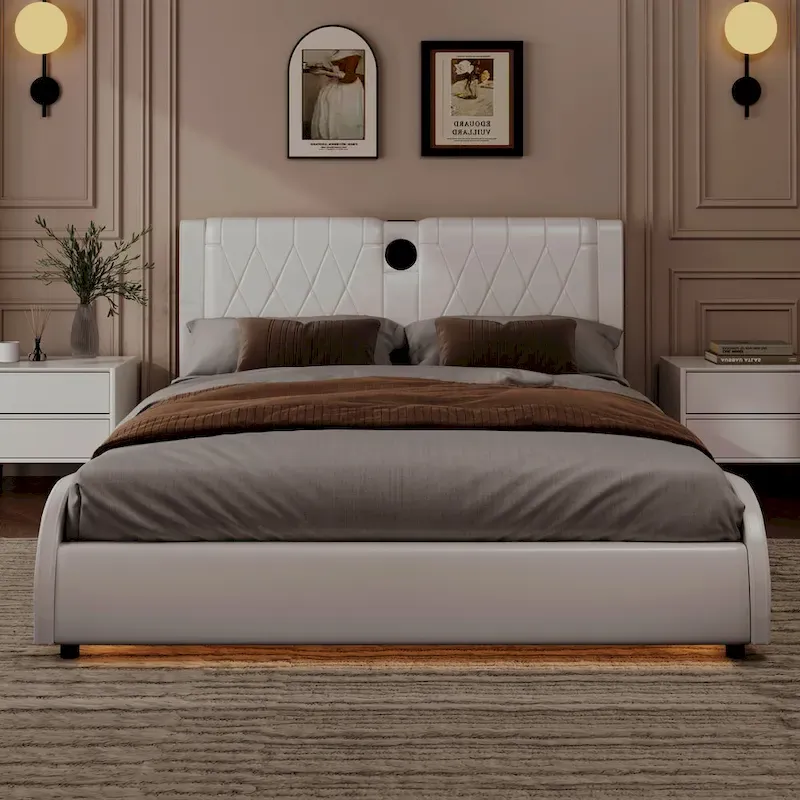 Cadre de lit King Size rembourré avec éclairage LED RVB et haut-parleurs Bluetooth Noir Blanc