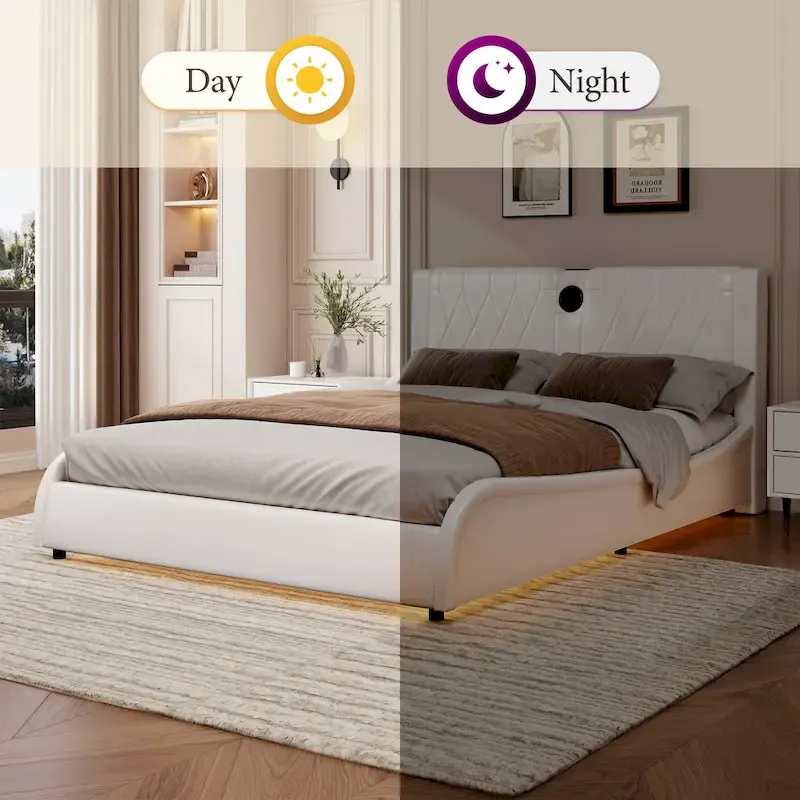 Cadre de lit King Size rembourré avec éclairage LED RVB et haut-parleurs Bluetooth Noir Blanc
